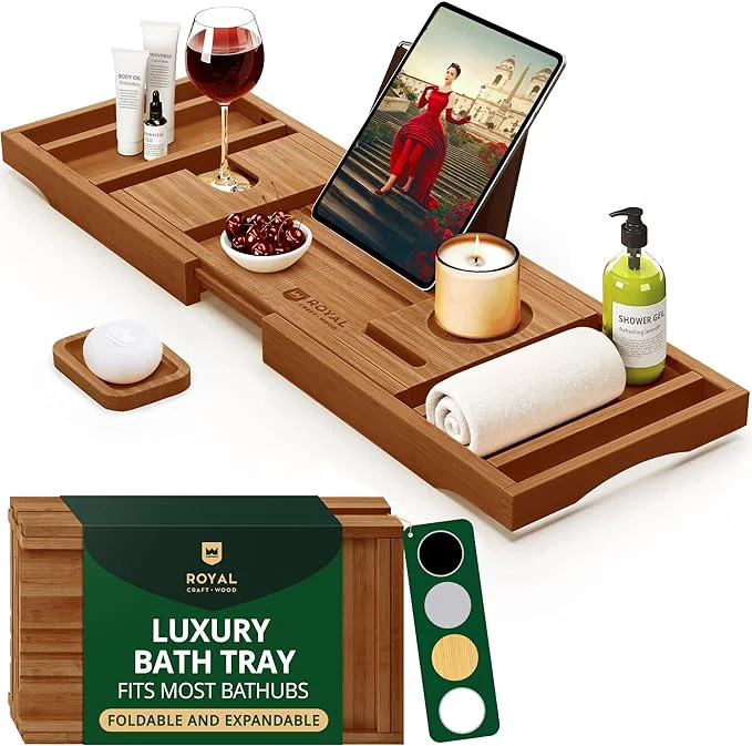 Expertly Made ROYAL CRAFT WOOD Premium Foldable Bathtub Tray Caddy Stylish