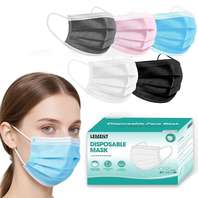 High-End LEMENT Disposable Face Masks 125 Pcs 3 Ply Face Mask Elastic Earloops Enhanced