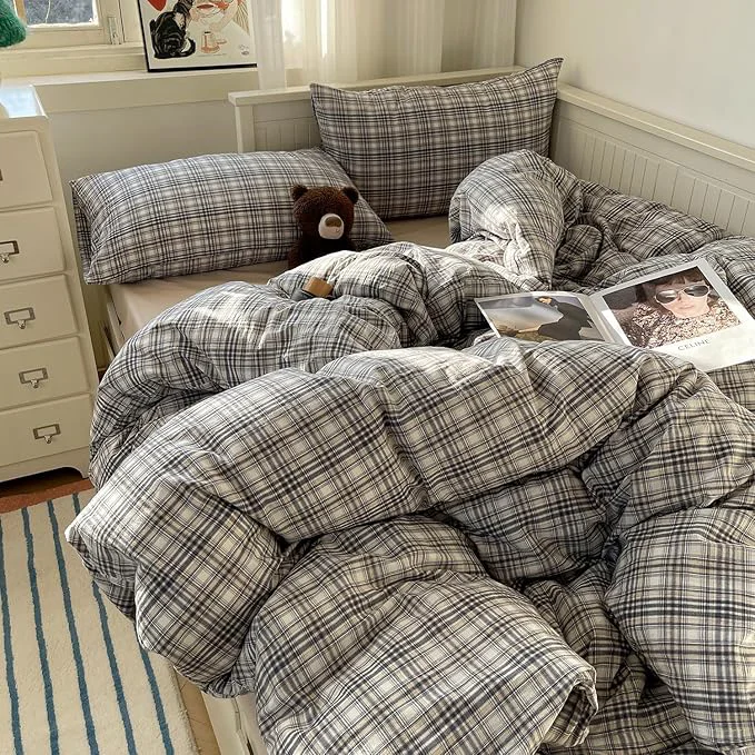 Excellent MKXI Twin Modern Plaid Duvet Cover Set 3 Piece – Deep Navy Washed Cotton Bedding Modern Farmhouse Check Design Breathable amp Vintage Linen Like Bedding Set with Zipper Closure Durable