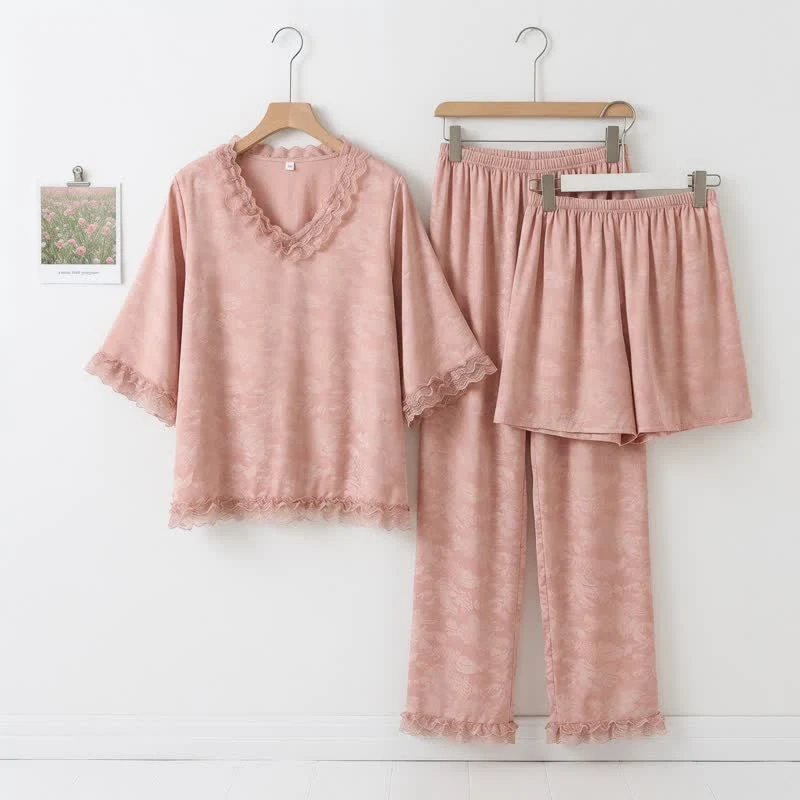 Breathable Ownkoti Pink Ruffle Trim Jacquard Pajama Set 3PCS Crafted