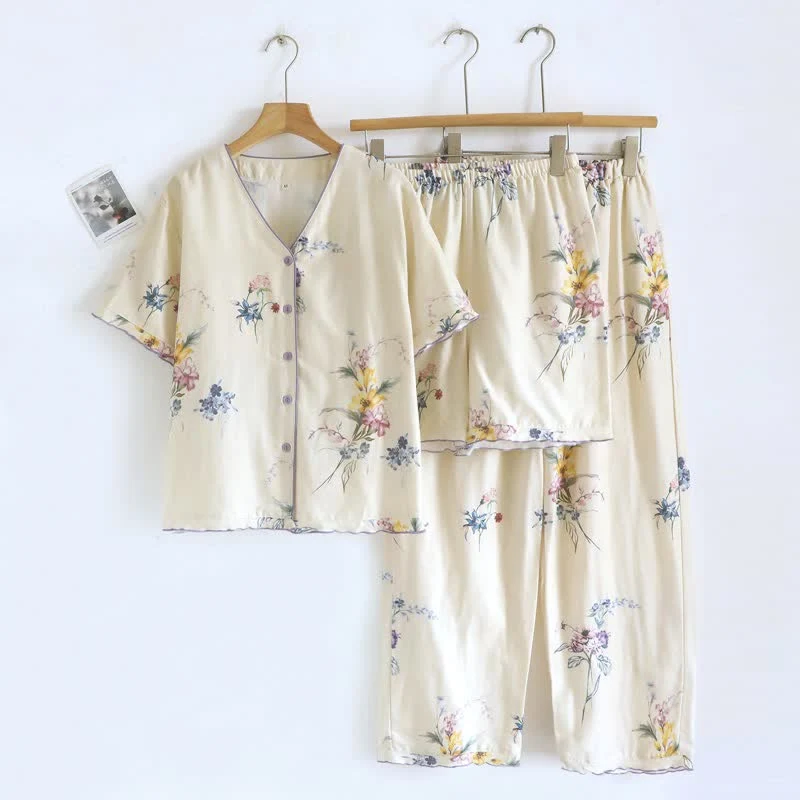 Enhanced Ownkoti Iris Floral Cotton Women 39 s Pajamas 3PCS Natural