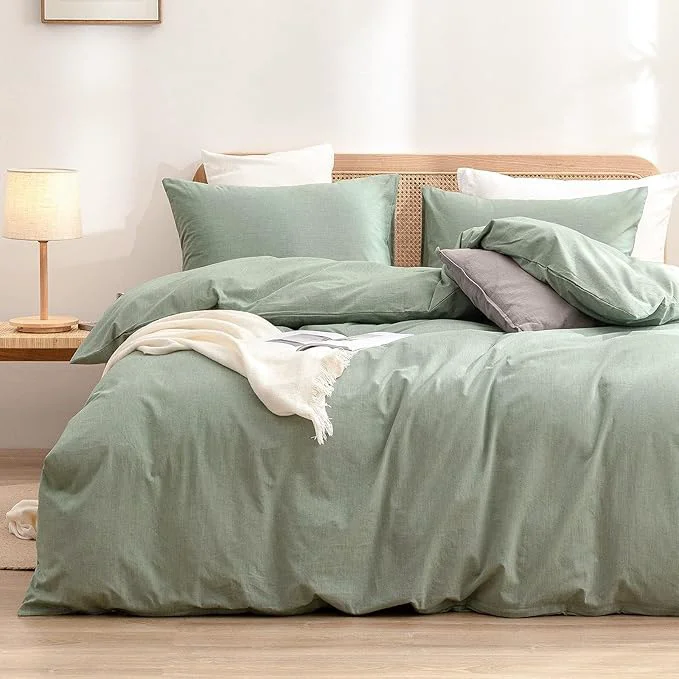 Traditional OUCH Duvet Cover Set Washed Cotton Linen Feel Super Soft Comfortable Chic Lightweight 3 PCs Home Bedding Set Solid Green Oversized Full Original Design