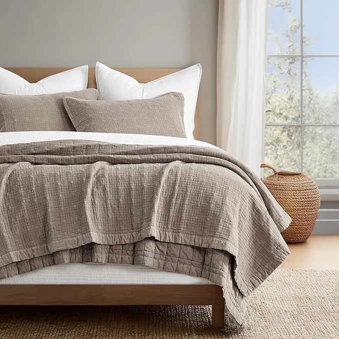 High-Quality EVERGRACEHOME Stonewashed Cotton Quilt Set Queen Size Ultra Soft Oversized Bedspread Coverlet Set Lightweight Crinkle Box Stitch Bedding Sets for All Season with 2 Shams Truffle Taupe Brown Expertly Made