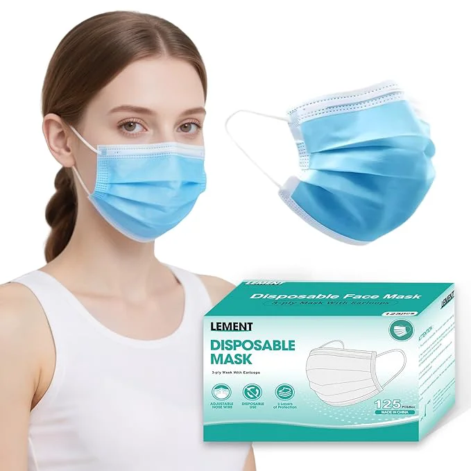 Healthy LEMENT 125 Pcs Blue Disposable Face Masks 3 Ply Face Mask Elastic Earloops Lightweight