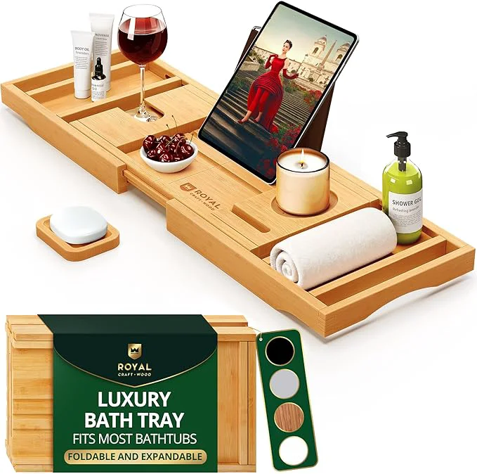 Safe ROYAL CRAFT WOOD Premium Foldable Bathtub Tray Caddy Soft
