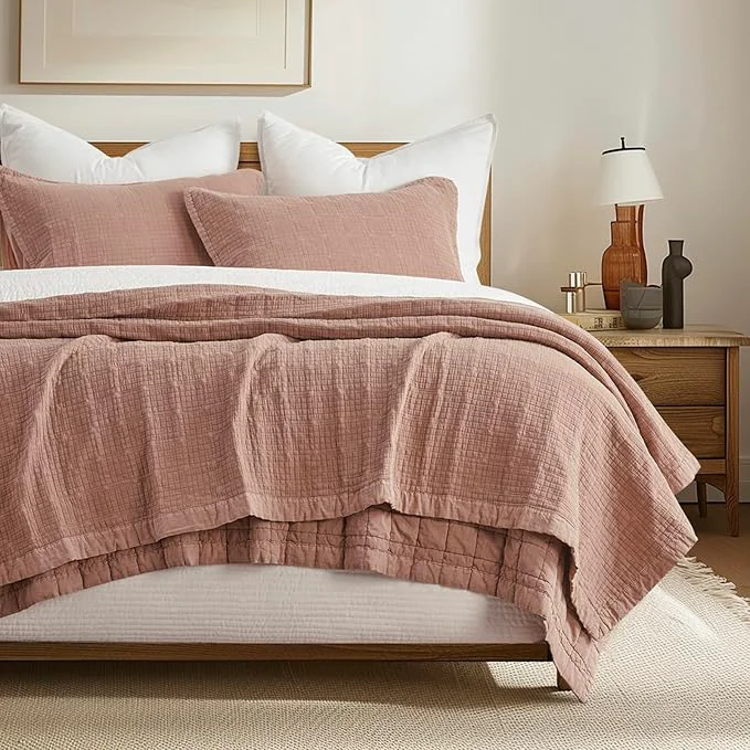 Specialty EVERGRACEHOME Stonewashed Cotton Quilt Set King Size Ultra Soft Oversized Bedspread Coverlet Set Lightweight Crinkle Box Stitch Bedding Sets for All Season with 2 Shams Terracotta Clay Breathable