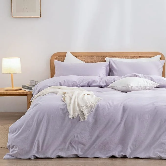 Classic OUCH Duvet Cover Set Washed Cotton Linen Feel Super Soft Comfortable Chic Lightweight 3 PCs Home Bedding Set Solid Taro Purple Full Double Responsible