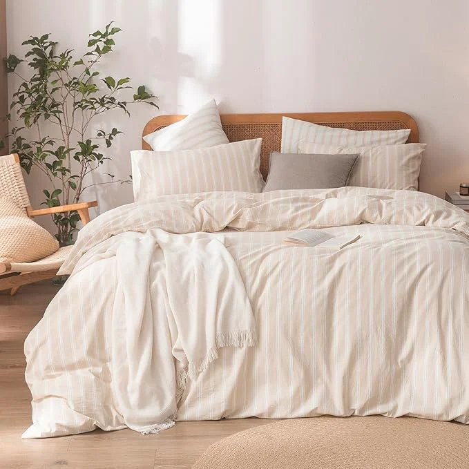 Excellent OUCH Duvet Cover Set Washed Cotton Linen Feel Super Soft Comfortable Chic Lightweight 3 PCs Home Bedding Set Almond Grey amp White Stripes Queen Trusted