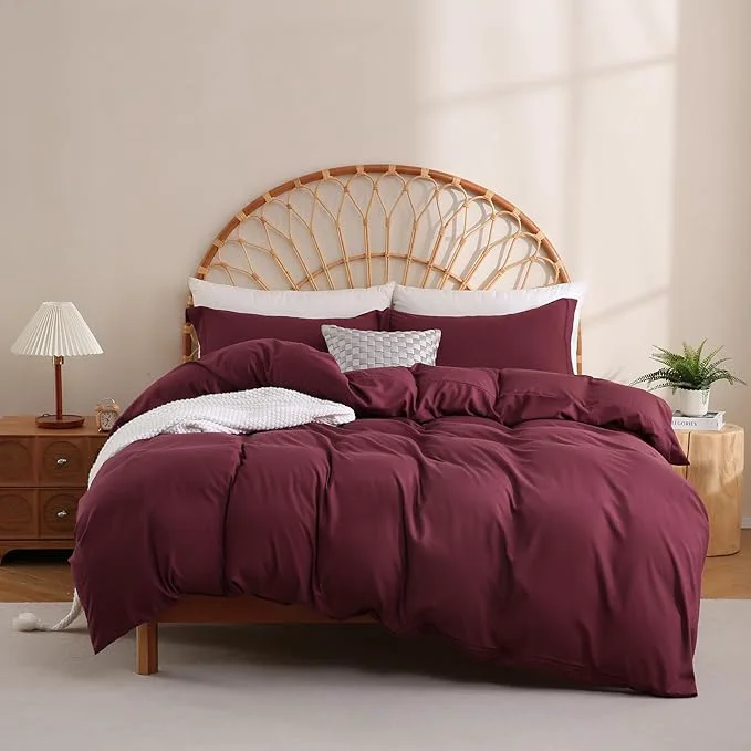 Authentic JSD Burgundy Duvet Cover Set Full Size 3 Piece Duvet Cover with Pillow Shams Soft Brushed Microfiber Zipper Closure Comforter Not Included Secure