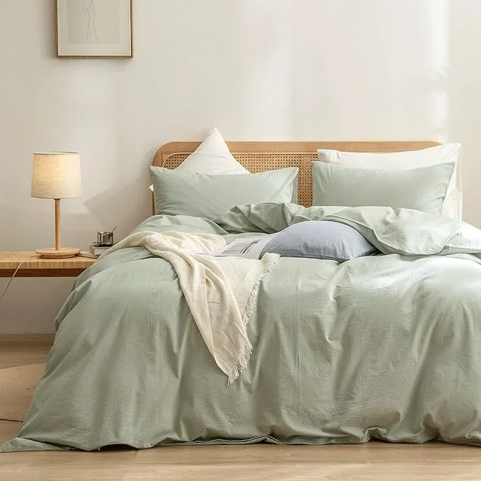 Organic OUCH Duvet Cover Set Washed Cotton Linen Feel Super Soft Comfortable Chic Lightweight 3 PCs Home Bedding Set Solid Sage Green Alaska King Contemporary