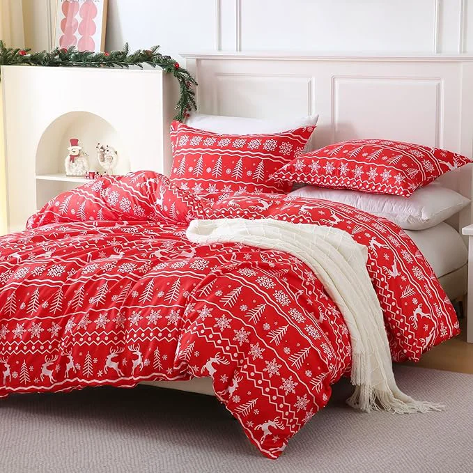 Advanced JSD Vintage Christmas Duvet Cover Set Twin Size 2 Piece Red Snowflakes Reindeer Snowflakes Printed Microfiber Duvet Comforter Cover with Pillow Sham Unique