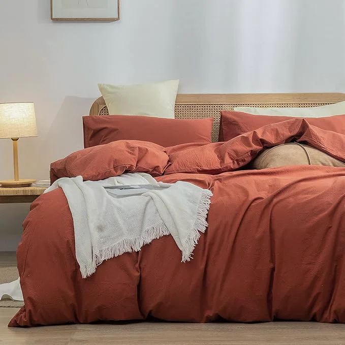 Casual OUCH Duvet Cover Set Washed Cotton Linen Feel Super Soft Comfortable Chic Lightweight 3 PCs Home Bedding Set Solid Crimson Red Cal King Elite