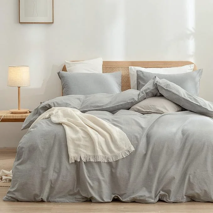 Functional OUCH Duvet Cover Set Washed Cotton Linen Feel Super Soft Comfortable Chic Lightweight 3 PCs Home Bedding Set Solid Light Grey Cal King First-Class