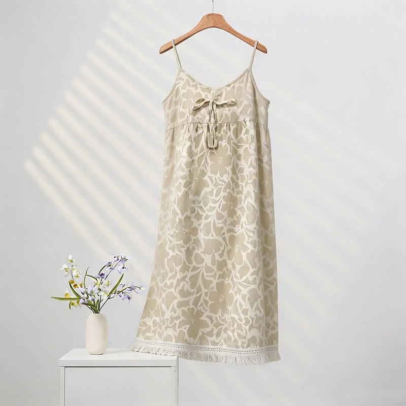 Specialty Ownkoti Cream Floral Tassel Sleep Dress Trendy