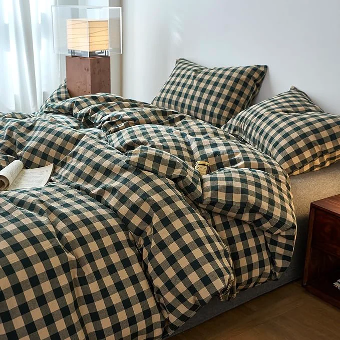 VM VOUGEMARKET Teal Beige Plaid Duvet Cover Set Washed Cotton Linen Like Textured Breathable Durable Comfy Modern Bedding Set for Boys Men Queen 90 quot x90 quot High-Performance