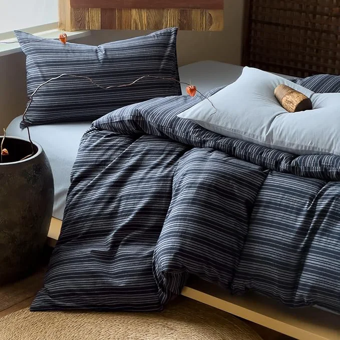 First-Class VM VOUGEMARKET Blue White Stripe Duvet Cover Set – Soft Washed Cotton Modern Neutral Ticking Pinstripe Minimalist 3 Pieces Navy Blue Queen Size Superior