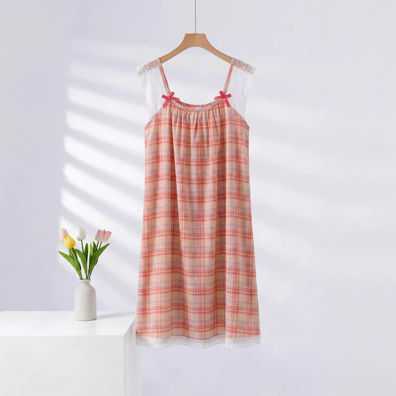 Functional Ownkoti Rainbow Plaid Double Gauze Lace Trim NightDress Outstanding