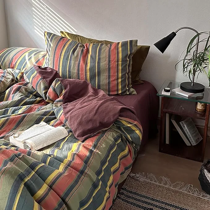 Natural VM VOUGEMARKET Multicolor Striped Duvet Cover Queen Size Washed Cotton Stripes Bedding Duvet Cover Set – Cozy Boho Stylish Bedding Set for Men amp Women Secure