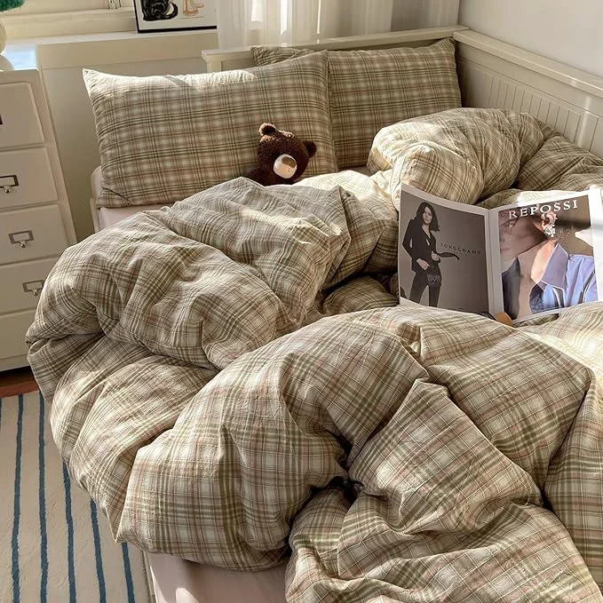 Specialty MKXI Pistachio and Pink Plaid Duvet Cover Twin XL 3-Piece Vintage Aesthetic Bedding Set Washed Cotton Breathable amp Lightweight Reversible Design with Zipper Closure Relaxed