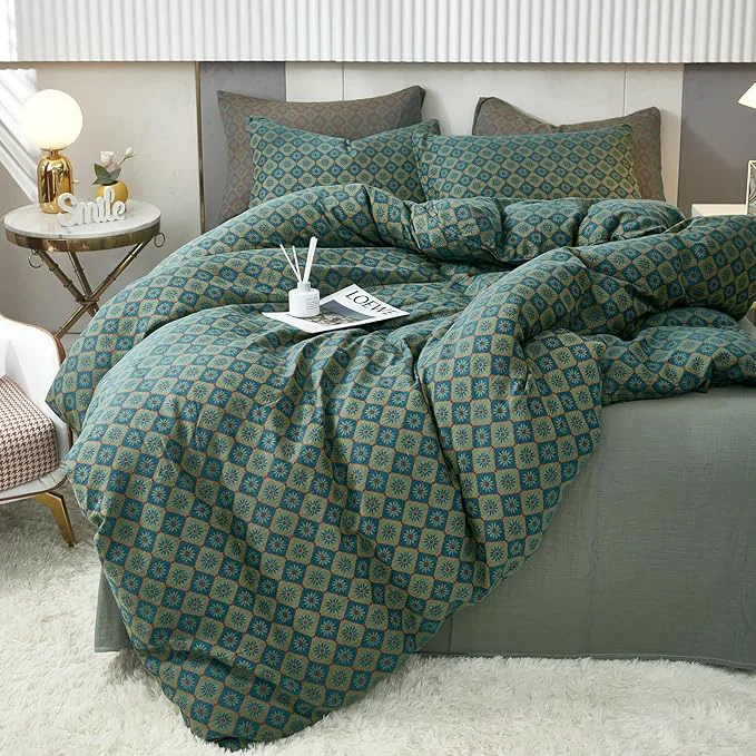 Expertly Made VM VOUGEMARKET Linen Cotton Duvet Cover Queen 3 Pcs Yarn-Dyed Textured Duvet Cover Set Green Flower Geometric Bedding Set Ultra Soft and Breathable Comforter Cover Set Selected