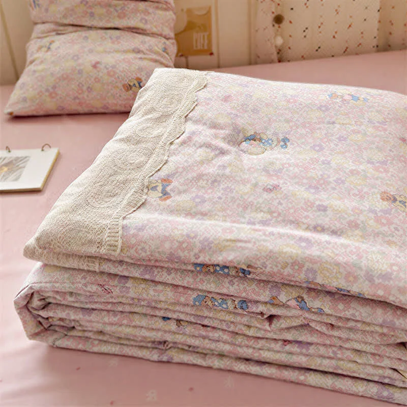 High-End Ownkoti Pink Lace Bear Cotton Bedding Set Lightweight