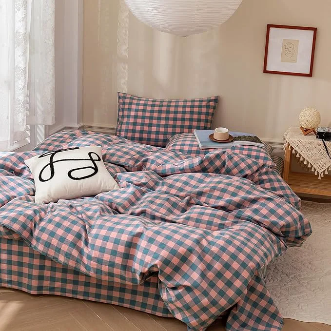 Elegant VM VOUGEMARKET Purple Pink Plaid Bedding Set Queen 3 Pieces Pink Blue Grid Duvet Cover with Zipper Ties 2 Pillowcases Washed Cotton Luxury Soft Breathable Durable Quality