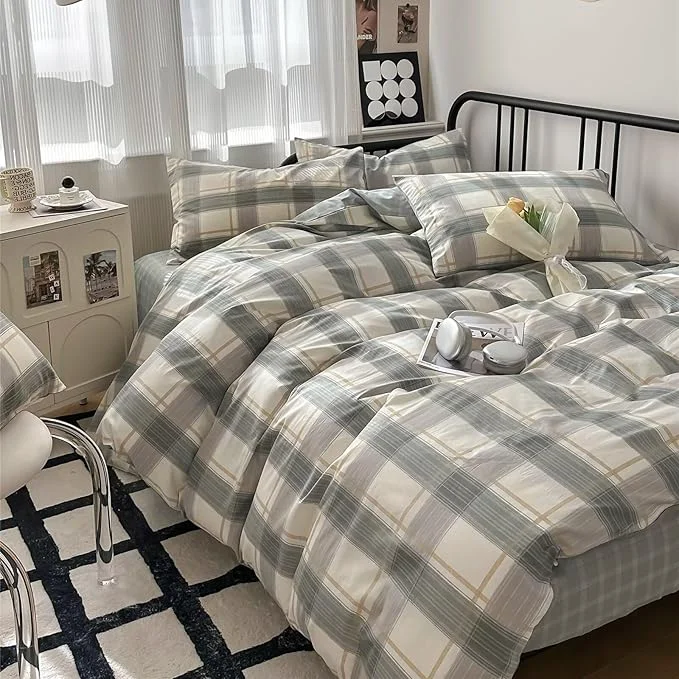 Powerful MKXI Vintage Green Plaid Duvet Cover Set with Checkered Design Farmhouse Look Gingham Modern Bedding Full Size Classic Rustic Bedroom Collection for All Ages Official