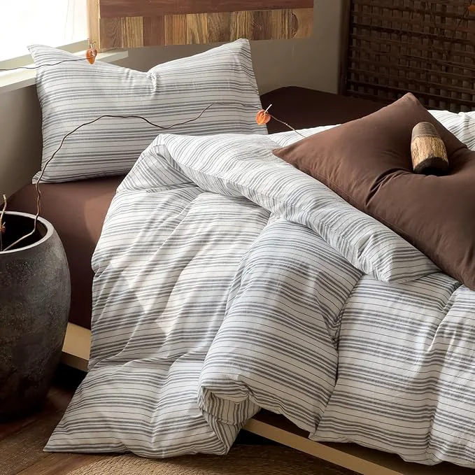 Natural VM VOUGEMARKET Washed Cotton Duvet Cover King – Minimalist Neutral Tone White Black Stripes Breathable Lightweight Bedding Set for Contemporary Homes Expertly Made