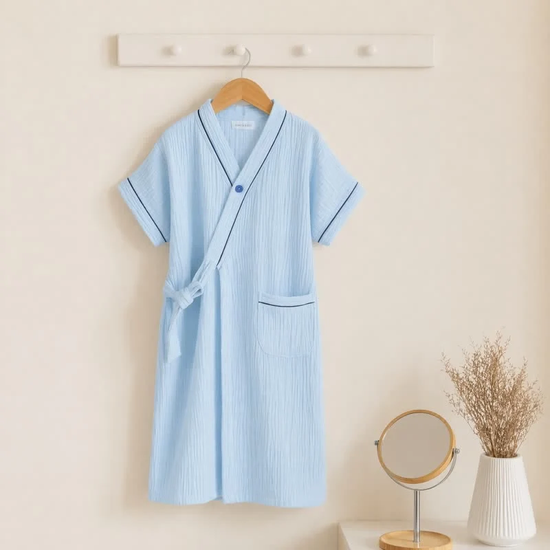 Fashionable Ownkoti Blue Cotton Gauze Kimono Kids Bathrobe Solid