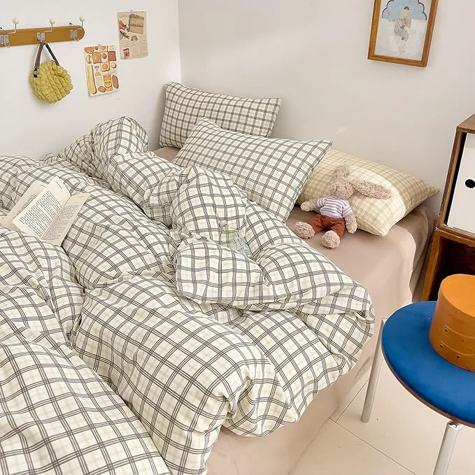 Modern VM VOUGEMARKET Soft Muslin Cotton Duvet Cover Set King Grey White Plaid Checkered Bedding Set Linen Cotton Textured Breathable Comfy Duvet Cover with Zipper Closure Original