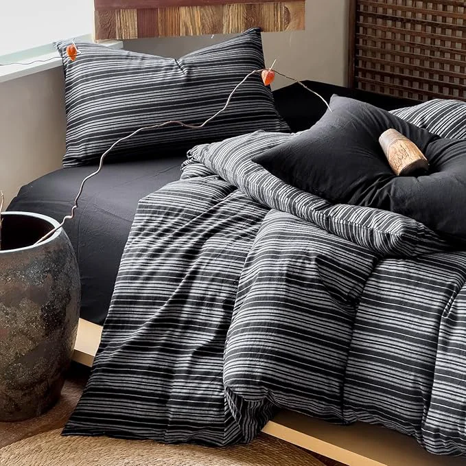 Crafted VM VOUGEMARKET Minimalist Black Stripe Duvet Cover Set – Soft Washed Cotton Modern Neutral Ticking Pinstripe Farmhouse 3 Pieces Black amp White Queen Size Verified