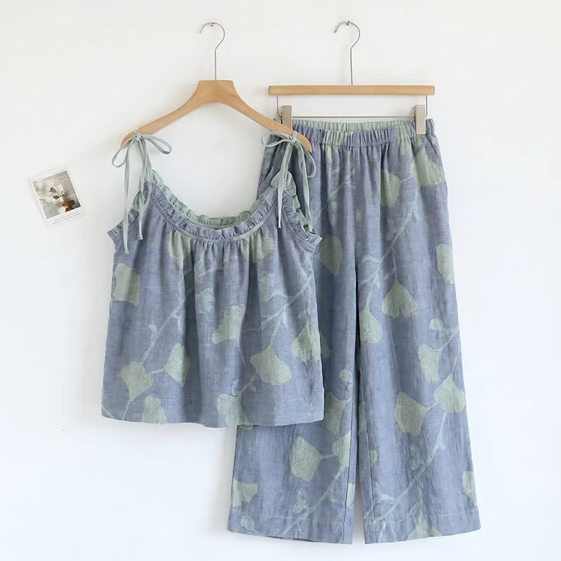 Minimalist Ownkoti Ginkgo Leaf Cami Ruffled Pajama Set Enhanced