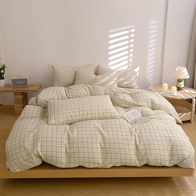 Elegant Plaid Duvet Covers Twin XL Brown Cotton Comforter Cover Twin XL Double Gauze Soft Boho Cute Duvet Cover Set with Hidden Zipper Chic Cottage Core Bedding Set Vintage Duvet Protector Outstanding