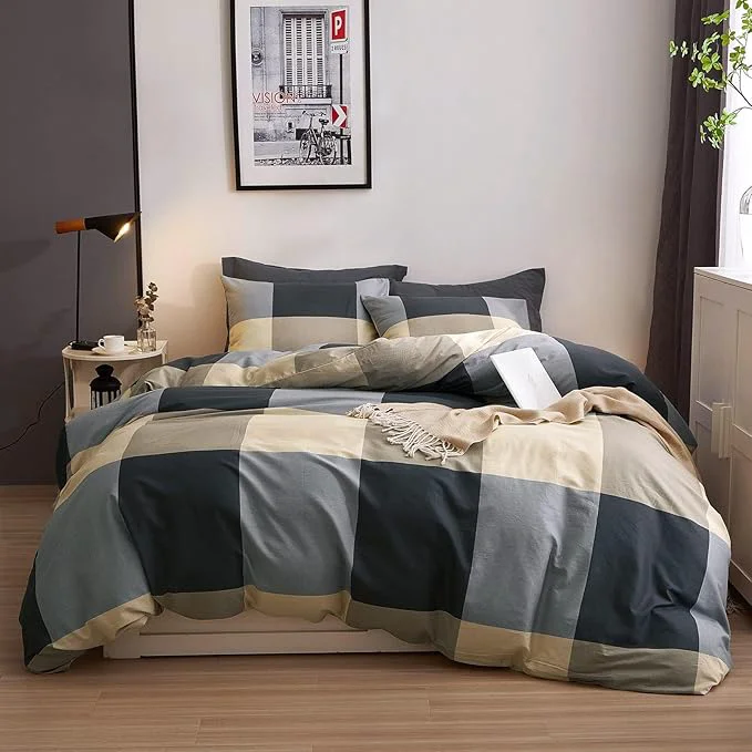Certified VM VOUGEMARKET Cotton Full Duvet Cover Set 3 Pieces Black Gray Plaid Duvet Cover with 2 Pillowcases Modern Simple Checkered Comforter Cover for Teens Boys Men-80×90 Inch Recyclable
