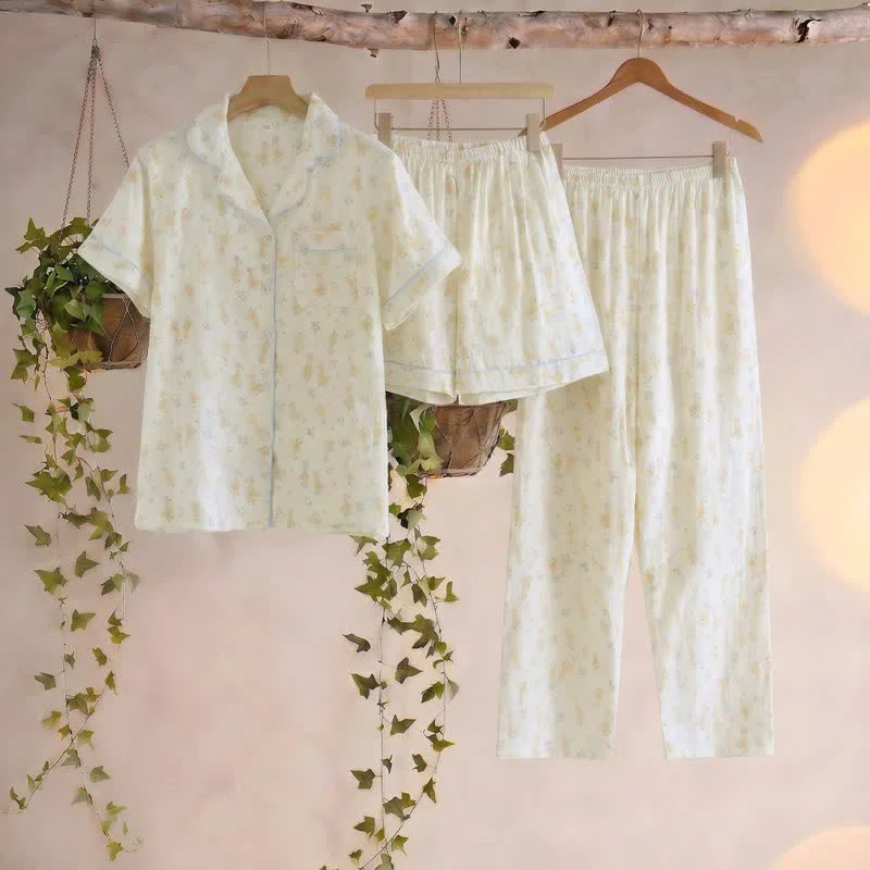 Practical Ownkoti Cotton Duck Print Three Piece Loungewear Green