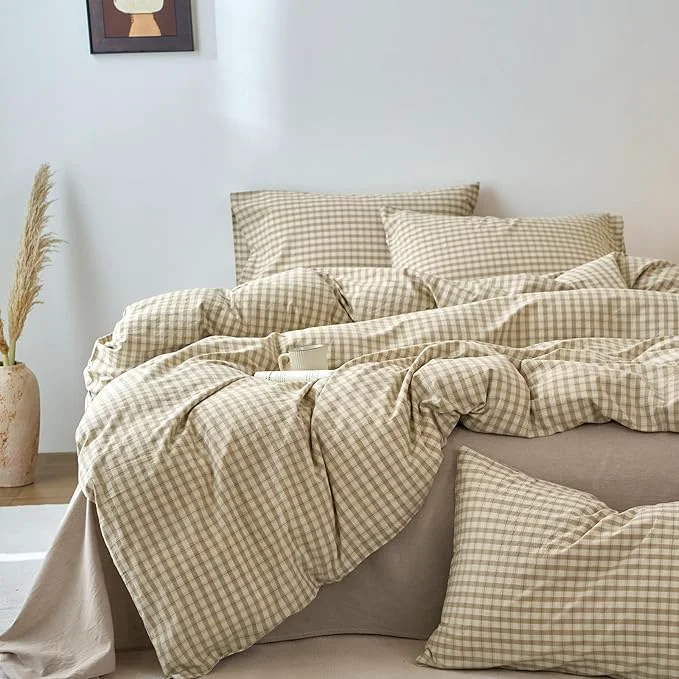 Taupe Plaid Gingham Duvet Cover King 3 Pieces Checkered Grid Duvet Cover Washed Cotton Beige amp Mocha Plaid Comforter Cover with Zipper Closure 2 Pillowcases Luxury Soft Breathable Bedding Set High-End