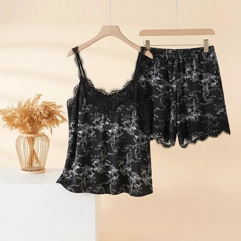 Sustainable Ownkoti Black Floral Lace Cami Lounge Set Responsible