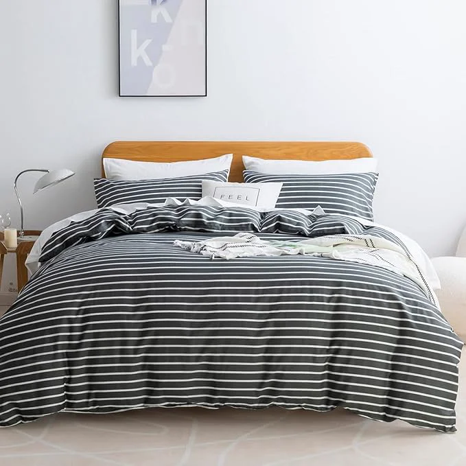 Quality JELLYMONI Natural Cotton 3pcs Striped Duvet Cover Sets Dark Grey with White Stripes Pattern Printed Comforter Cover with Zipper Closure amp Corner Ties Queen Size Practical