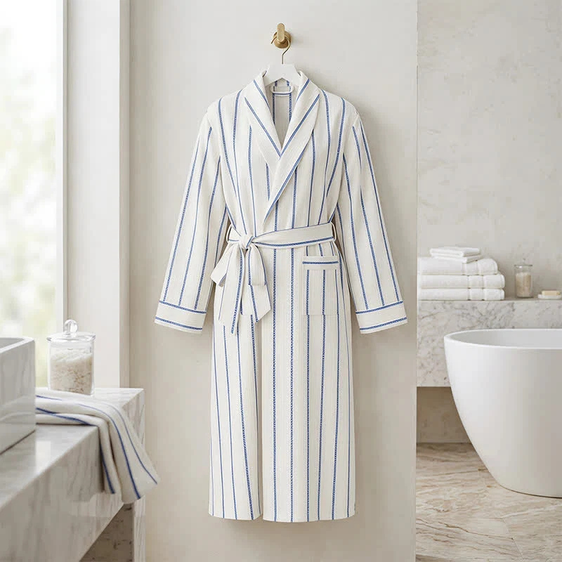 Green Ownkoti Blue Striped Cotton Long Bathrobe with Belt amp Pockets Solid