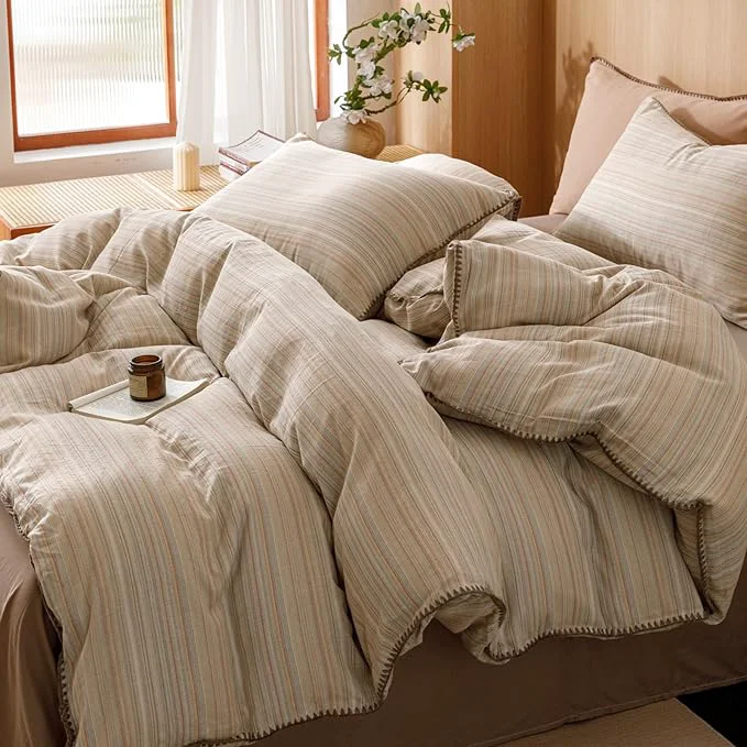 Practical VM VOUGEMARKET Stripes Duvet Cover Set Queen 3pcs Yarn Dyed Muslin Cotton Horizontal Pinstripe Ticking Pattern Bedding Set – Tan Brown Stripe Queen Size Professional