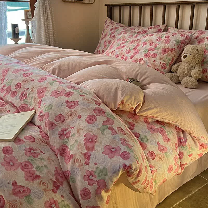 Original Design Ownkoti Cottagecore Pink Floral Cotton Gauze Bedding 4PCS Reusable