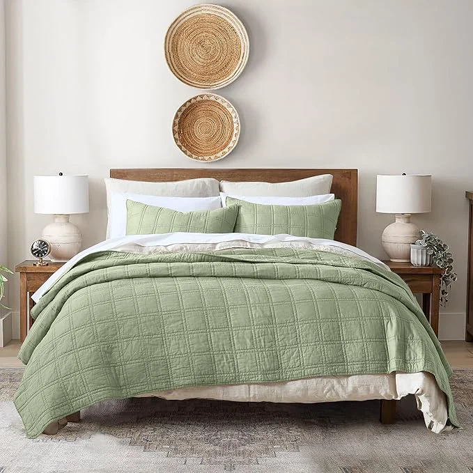 Innovative HORIMOTE HOME Cotton Quilt Set Twin Size Sage Green Pre-Washed Bedspreads Coverlet Set in Geometric Pattern Cozy Lightweight Stitching Decorative Bedding Cover with 1 Sham for All Season Pure