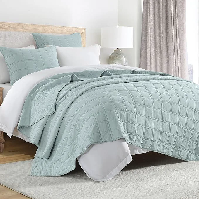 High-Performance HORIMOTE HOME Cotton Quilt Set King Size Paleturquoise Pre-Washed Bedspreads Coverlet Set in Geometric Pattern Cozy Lightweight Stitching Decorative Bedding Cover with 2 Shams for All Season Optimized