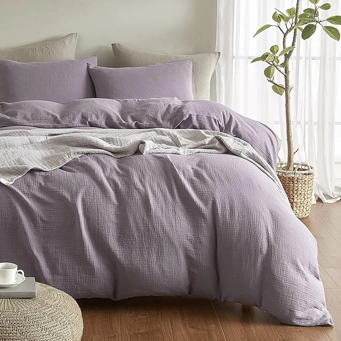 Detailed SE SOFTEXLY Muslin Duvet Cover Queen Size Washed Cotton Duvet Cover Set Ultra Soft Comforter Cover Linen Like 3 Pieces Minimalist Gauze Duvet Cover with 2 Pillowcases 90 quot x90 quot Purple Grey Official