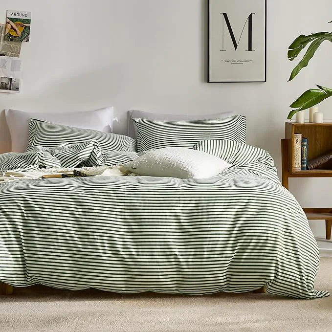 Solid JELLYMONI Natural Cotton 2pcs Striped Duvet Cover Sets White Duvet Cover with Green Stripes Pattern Printed Comforter Cover with Zipper Closure amp Corner Ties Twin Size Original