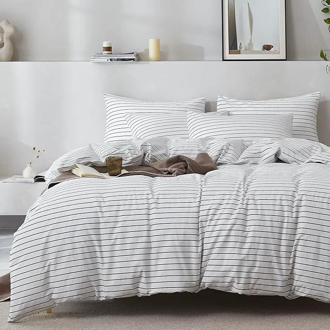 Environmentally Friendly JELLYMONI Natural Cotton 2pcs Striped Duvet Cover Sets White Duvet Cover with Thin Black Stripes Pattern Printed Comforter Cover with Zipper Closure amp Corner Ties Twin Size User-Friendly