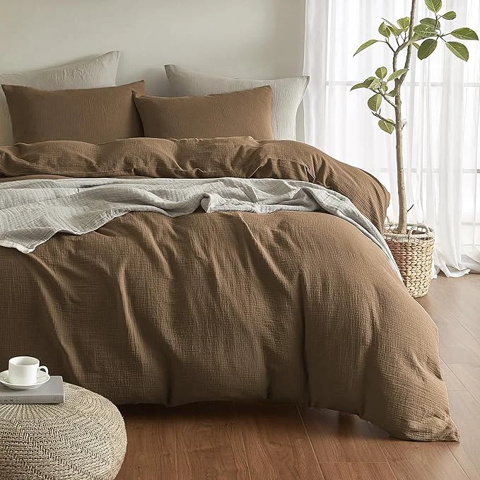 Smart SE SOFTEXLY Muslin Duvet Cover Queen Size Washed Cotton Duvet Cover Set Ultra Soft Comforter Cover Linen Like 3 Pieces Minimalist Gauze Duvet Cover with 2 Pillowcases 90 quot x90 quot Dark Brown High-Performance