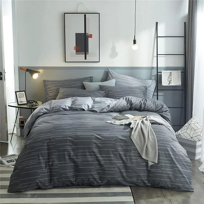 Next-Generation VM VOUGEMARKET Natural Cotton Striped Duvet Cover Set Gray Stripes Pattern Printed Comforter Cover for Boys Men Reversible Modern Simple Style Bedding Set Prestigious