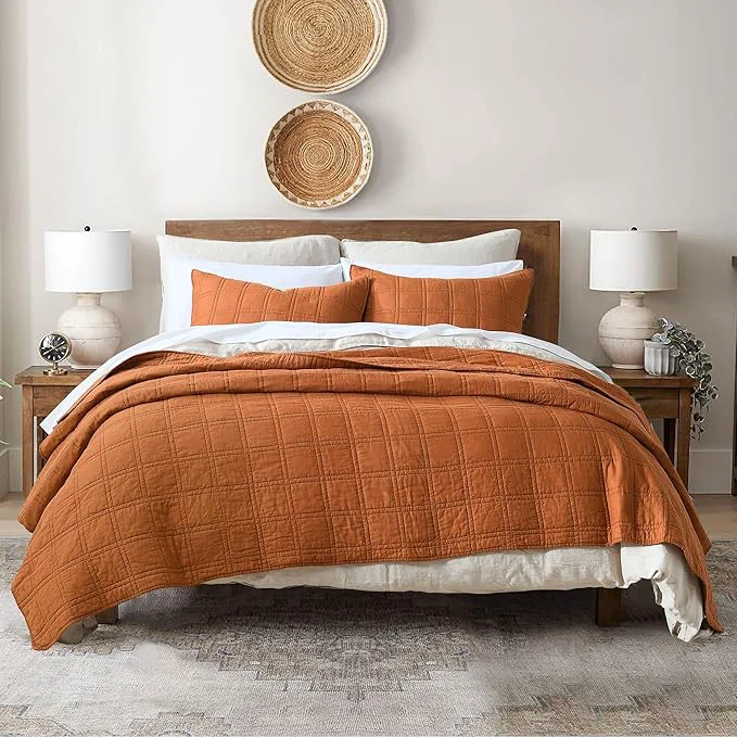 Sustainable HORIMOTE HOME Cotton Quilt Queen Size Burnt Orange Bedspread Pre-Washed 3-Piece Cozy Lightweight Stitching Bedding Cover Coverlet Set with 2 Shams in Geometric Pattern for All Season Effective