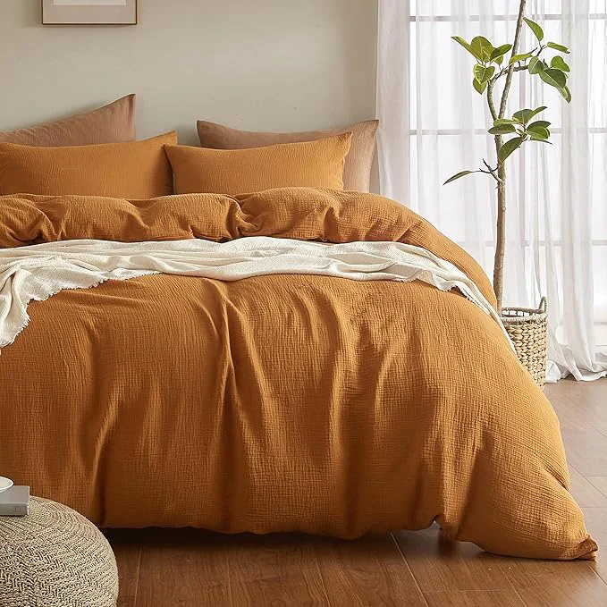 Detailed SE SOFTEXLY Muslin Duvet Cover King Size Washed Cotton Duvet Cover Set Ultra Soft Comforter Cover Linen Like 3 Pieces Minimalist Gauze Duvet Cover with 2 Pillowcases 90 quot x104 quot Pumpkin Luxury